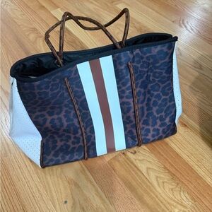 Neoprene Leopard Print Tote Bag with Creme/Brown